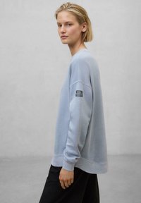 Felpa azzurra chiara con maniche lunghe, polsini a coste e una vestibilità leggermente oversize. Presenta una toppa con logo sulla manica sinistra.