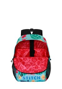 Sac à dos avec un extérieur turquoise orné de motifs de feuilles et de fleurs colorés, un intérieur rouge avec un design floral, et des bretelles noires ajustables.