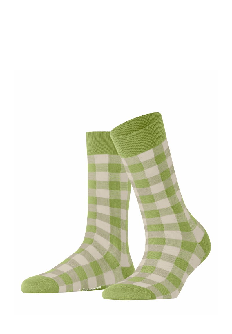 Zielono-białe skarpetki w kratkę z żeberkowym zielonym ściągaczem. Miękki materiał z kontrastującymi wzorami, zaprojektowane z myślą o komforcie i stylu.