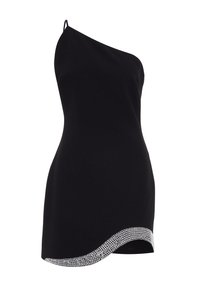 Robe mini noire à une épaule avec un ourlet ondulé ornée de rangées de strass argentés.