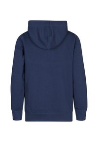 Felpa blu navy, tessuto morbido, con un ampio cappuccio, maniche lunghe e polsini a costine, con un design minimalista e senza motivi visibili.