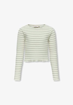 Maglia a maniche lunghe di un verde chiaro con un tessuto testurizzato e righe orizzontali bianche. Presenta un colletto tondo e un orlo arricciato e corto.