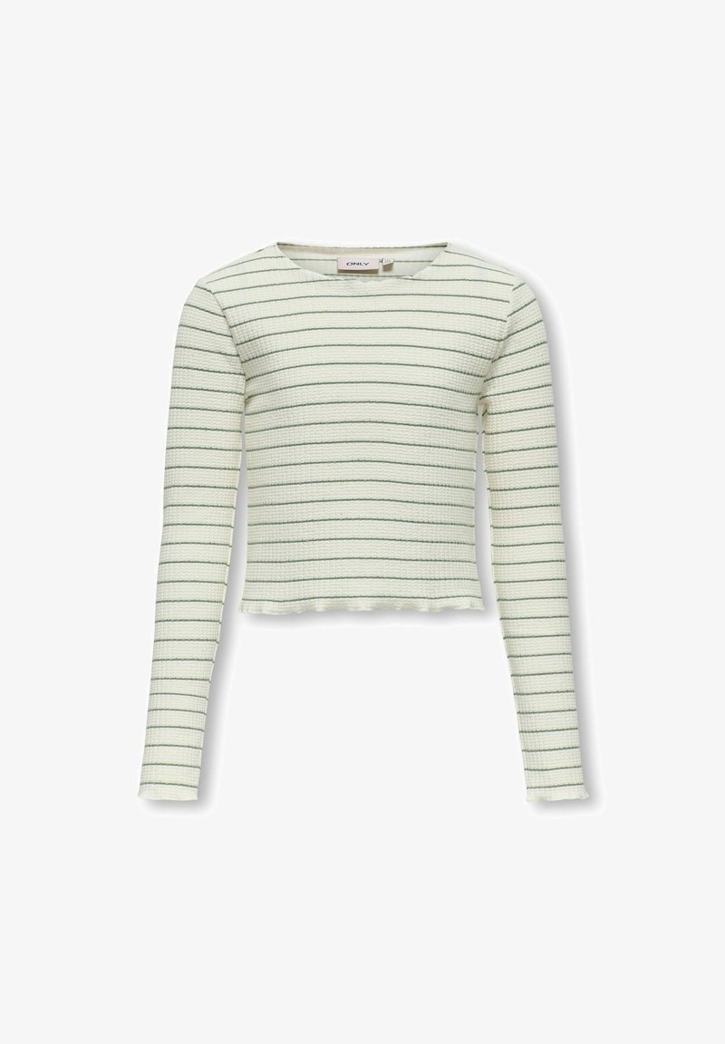 Maglia a maniche lunghe di un verde chiaro con un tessuto testurizzato e righe orizzontali bianche. Presenta un colletto tondo e un orlo arricciato e corto.