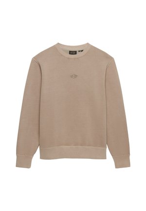 Felpa beige con maniche lunghe, scollo rotondo, polsini e orlo a coste, con un piccolo logo tono su tono ricamato sul petto.