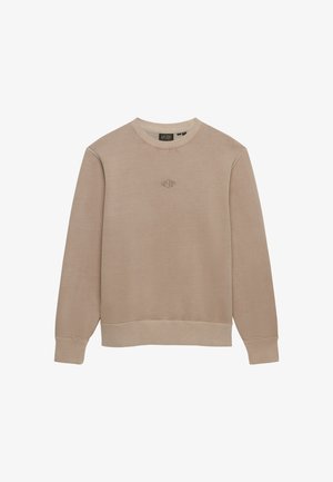 Felpa beige con maniche lunghe, scollo rotondo, polsini e orlo a coste, con un piccolo logo tono su tono ricamato sul petto.