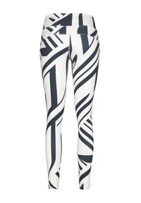 Legginsy z odważnym czarno-białym abstrakcyjnym wzorem, wykonane z elastycznego, gładkiego materiału, z wysokim pasem dla komfortu.