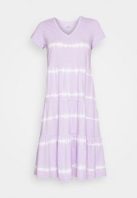 Lila tie-dye klänning i bomull, med V-ringning, korta ärmar och en lagerdesign med kontrasterande vita horisontella ränder.