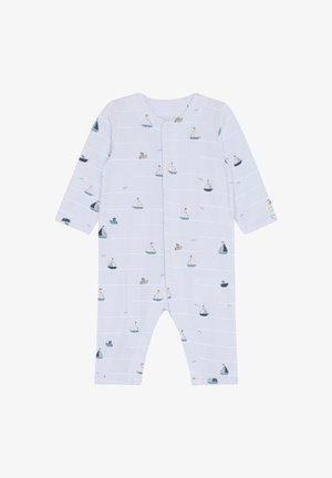 Combinaison blanche pour bébé à manches longues, ornée de motifs de voiliers bleu, beige et noir, avec une fermeture à boutons pression à l'avant.