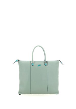 Borsa tote in pelle azzurro chiaro con doppi manici, ferramenta argentata e piccolo logo al centro davanti.