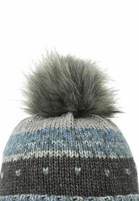 Knit beanie featuring alternating gray and blue stripes, decorative heart patterns, and a gray faux fur pompom on top.