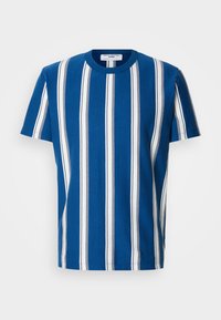 T-shirt azul com riscas verticais brancas e azul-marinho. Apresenta decote redondo e mangas curtas. Feito de tecido macio e respirável.