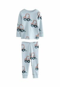 Helles blaues Baumwoll-Pyjama-Set mit langärmligem Oberteil und Hose. Gemustert mit pinken Traktoren und weißen Rädern, mit weichen Bündchen.
