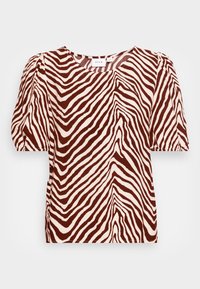 Top de mangas curtas listrado em zebra nas cores castanho e creme, com decote redondo e ombros bufantes, apresentando um tecido leve e texturizado.