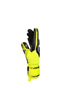 Guanti da portiere con un corpo in rete gialla brillante, palmo in lattice nero, presa testurizzata e decorazioni a motivo lungo le dita e il polsino.