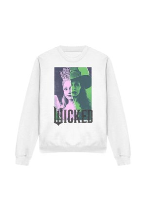 White sweatshirt with a split portrait of two women, one in a crown and one in a witch hat, with the word "WICKED" below.