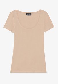 Beige short-sleeve t-shirt with a scoop neckline. Made of soft, smooth fabric. Features a label at the neckline. Simple, fitted design.