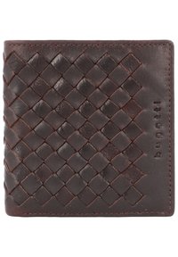 Portafoglio in pelle marrone scuro con una texture intrecciata e il nome del marchio "bugatti" impresso su un lato. Forma rettangolare compatta.