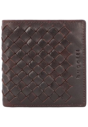 Portafoglio in pelle marrone scuro con una texture intrecciata e il nome del marchio "bugatti" impresso su un lato. Forma rettangolare compatta.