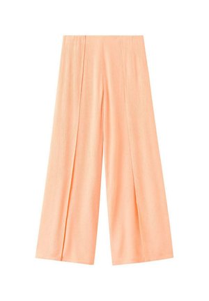 Pantalones de pierna ancha y cintura alta en color melocotón claro con textura arrugada y pliegues verticales sutiles sobre un fondo blanco.