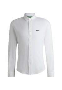White button-up shirt with a classic collar, long sleeves, and black "BOSS" logo on the chest. Made of lightweight fabric.