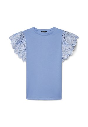 Top blu a maniche corte con scollo rotondo e maniche svolazzanti in pizzo bianco decorativo con motivo paisley.