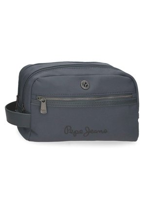 Neceser rectangular gris oscuro con bolsillo frontal con cremallera, asa lateral y logo de Pepe Jeans impreso y en el tirador de la cremallera.