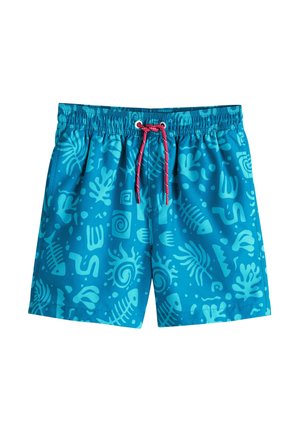 Blaue Badeshorts mit einem elastischen Bund, kontrastierendem rotem Kordelzug und verschiedenen hellblauen, abstrakten Wasser-Mustern.