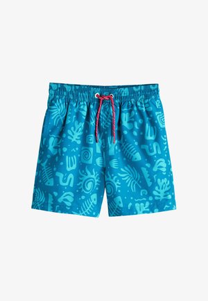 Modré plavecké trenýrky s elastickým pasem, kontrastním červeným škrtidlem a různými světle modrými abstraktními vodními vzory.