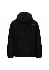 Giacca in fleece nera con una superficie testurizzata e soffice, cappuccio e un piccolo logo sulla parte alta della schiena. Maniche lunghe con taglio dritto.