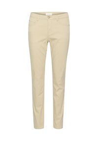 Beige bukser lavet af bomuldsblanding med lige ben, forlommer og knaplukning. Glat tekstur og klassisk pasform.