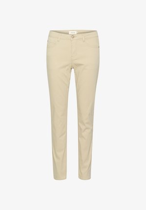 Smėlio spalvos medvilnės mišinio kelnės su tiesiomis kojomis, priekinėmis kišenėmis ir sagos užsegimu. Lygus audinys ir klasikinis kirpimas.