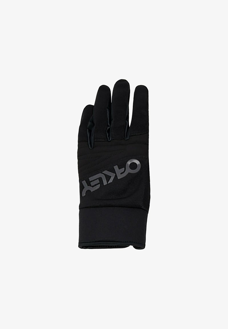 Black gloves made of a stretchy fabric, featuring a textured grip and a prominent logo on the back. Five-finger design for dexterity.