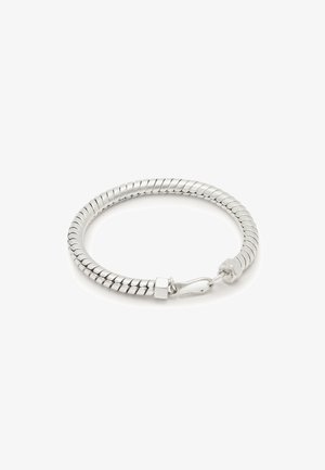 Silver bracelet featuring a flexible, twisted design with a clasp. Smooth texture, cylindrical shape, and geometric accent at the connection point.