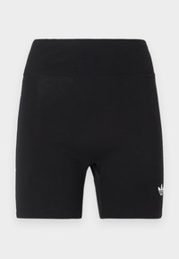 Black high-waist athletic shorts with wide elastic waistband and small white Adidas logo on lower right leg.