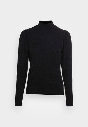 Top lungo nero a maniche lunghe in tessuto strutturato con collo alto e spalle a sbuffo, caratterizzato da fili metallici sottili per un leggero luccichio.