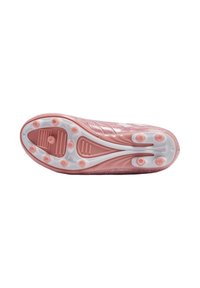 Sportssko med en glänsande rosa ovandel, vita detaljer, strukturerad design och en övervägande rosa och vit gummisula med greppstuds.