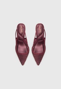 Burgundske slingback pete s konico z mrežastim zgornjim delom, okrasnimi detajli in satenskimi vložki. Blagovna znamka: ALDO.