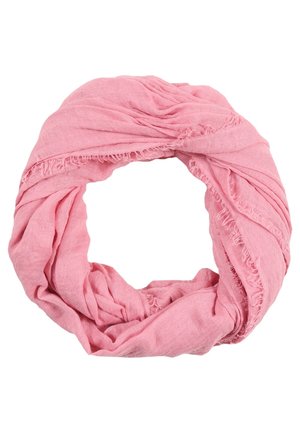 Soft pink lightweight fabric infinity scarf with subtle fringe details, arranged in a loose circular loop.