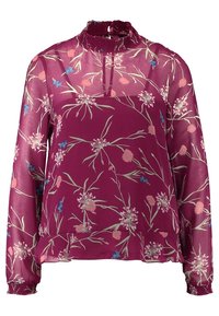 Genomskinlig mörkröd blus med långa ärmar, blommönster i rosa och blått, rynkad halsringning och elastiska ärmslut, med en luftig passform.