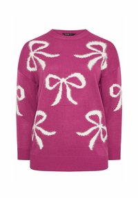 Fioletowy sweter dzianinowy z białymi, puszystymi wzorami w kształcie kokard równomiernie rozmieszczonymi na przodzie i rękawach, z okrągłym dekoltem i ściągaczami przy mankietach.