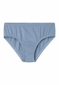 Brief bikini di cotone azzurro chiaro con una texture liscia, fascia elastica in vita e design a copertura totale. Senza motivi né decorazioni.
