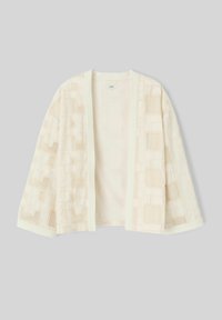 Cardigan ouvert beige clair avec un motif texturé de carrés et de rectangles. Fabriqué dans un tissu léger, avec une coupe décontractée et des manches larges.