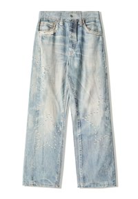 Světle modré džíny s vysokým pasem z denimu, s opotřebovanými místy a perforacemi tvořícími hvězdicové vzory. Rovný střih nohavic, pět kapes.