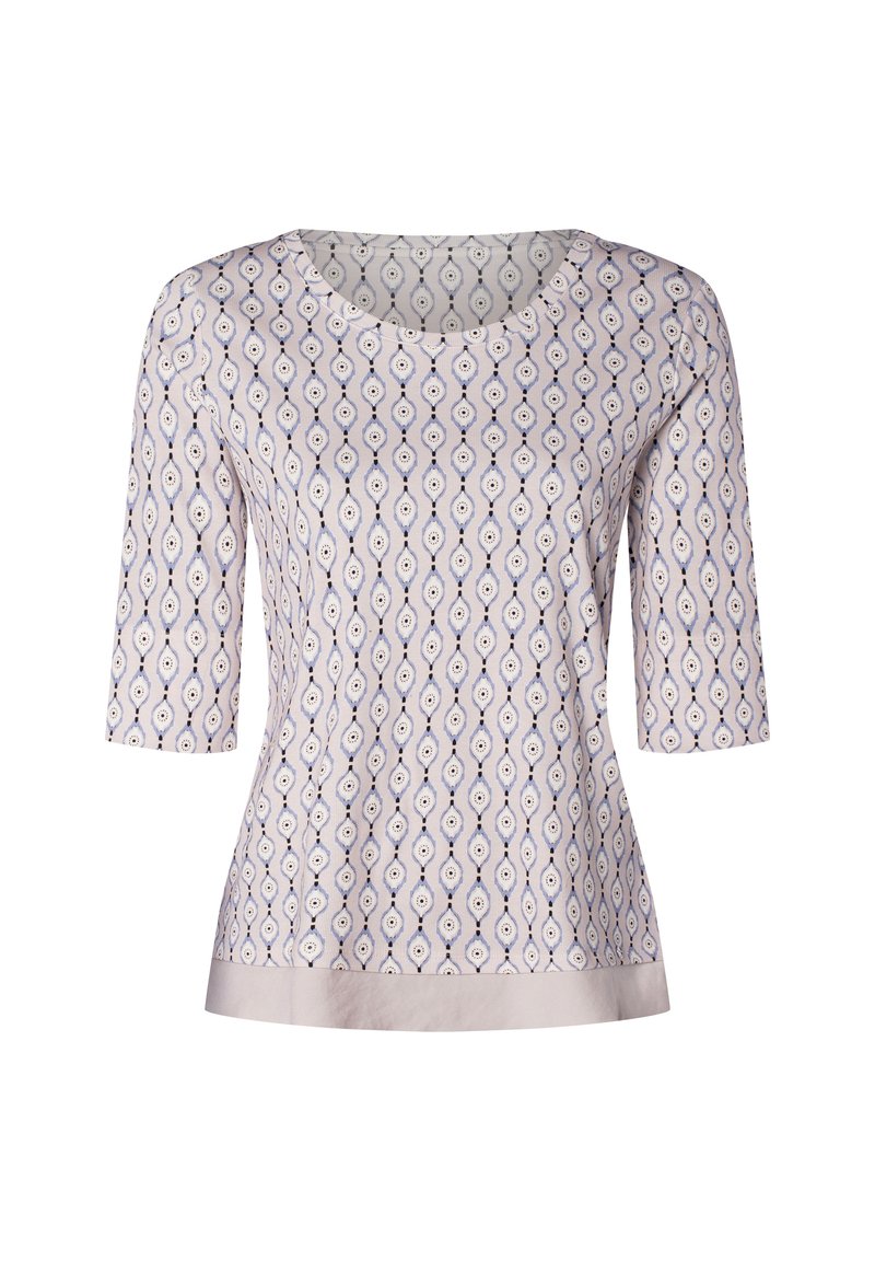 Helllila Bluse mit symmetrischem Augenmuster in Marineblau und Weiß. Mit Rundhalsausschnitt und drei Viertelärmeln, satinartigem Saum.