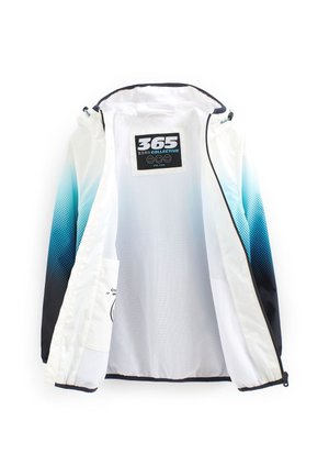 Veste blanche à capuche avec des manches dégradées bleu et noir, ouverte pour révéler une doublure en mesh et une étiquette « 365 Collective » à l'intérieur.