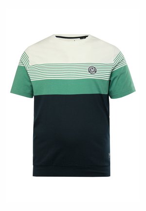 Short-sleeve t-shirt with horizontal stripes in green, white, and navy. Round neck, cotton material, featuring a logo emblem on the chest.