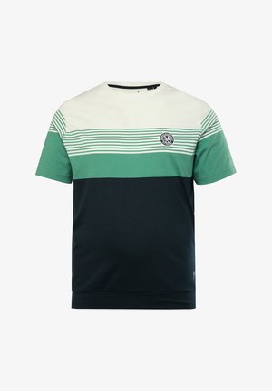 Kortærmet t-shirt med vandrette striber i grøn, hvid og marineblå. Rund halsudskæring, lavet af bomuldsstof, med et logoemblem på brystet.