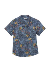 Korte mouwen blouse van blauwe stof met een multicolore bladpatroon, voorzien van een klassieke kraag en sluiting met knopen aan de voorkant.