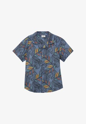 Kurze Ärmel Hemd aus blauen Stoff mit einem mehrfarbigen Blattmuster, klassischem Kragen und vorderem Knopfverschluss.