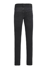 Jeans in denim nero visti da dietro con due tasche posteriori e una cintura con passanti per cintura.